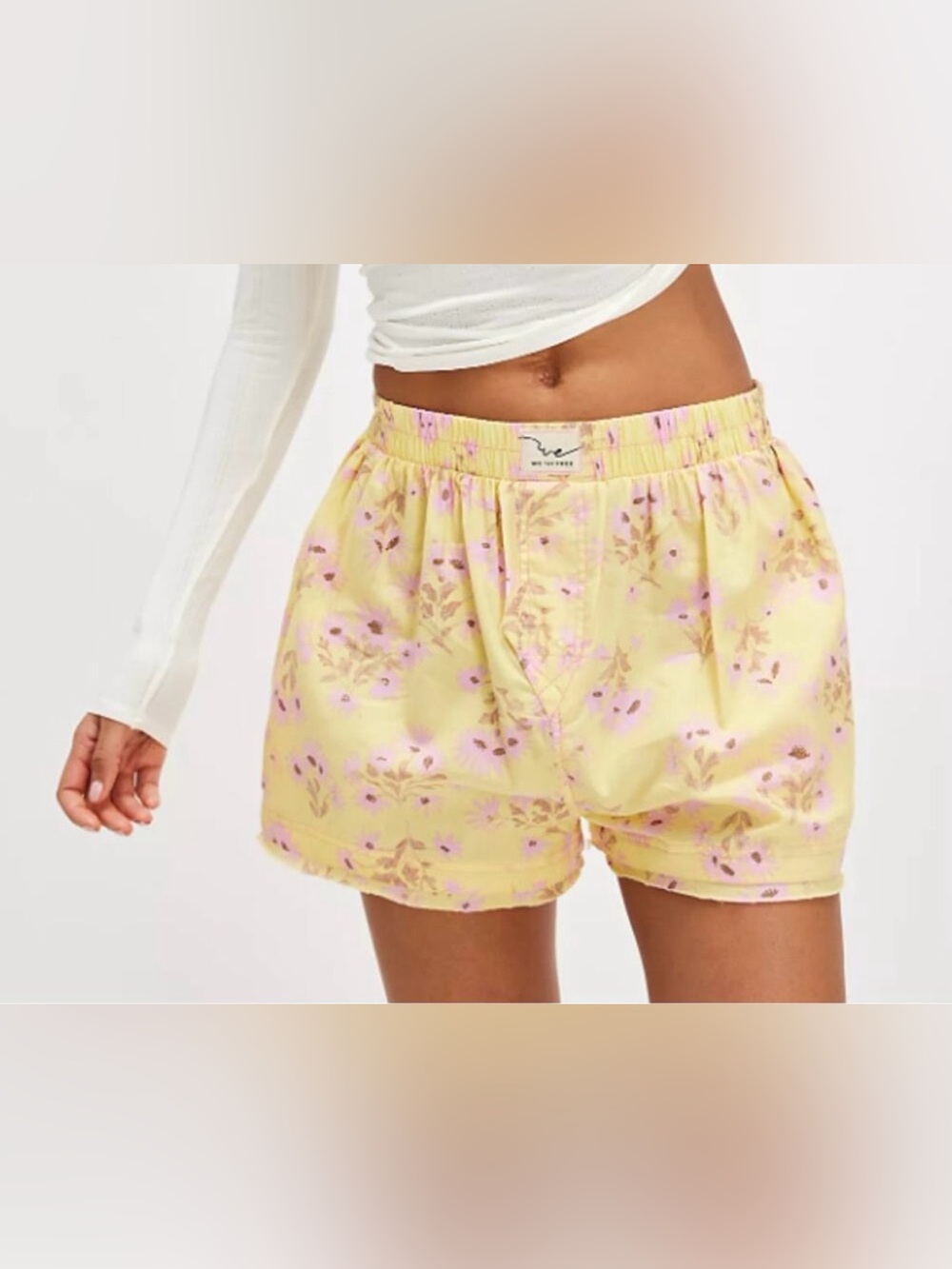 Free People We The Free Day to Day Yellow Floral Boxer Shorts with Pink Blooms